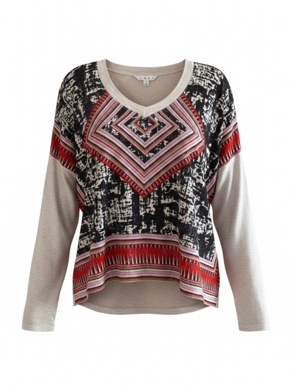 CAbi #768 Silk Boho Aztec Scarf Long Sleeve Top S